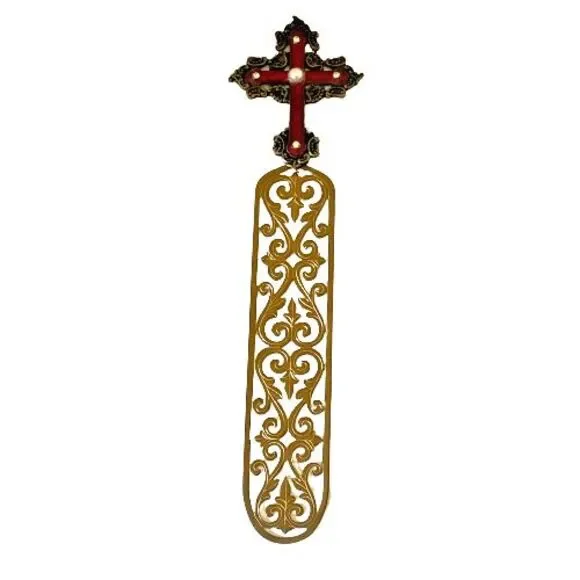 Vintage Bookmark Gold Toned Cross Faux Pearl Faux Diamonds Metal Filigree Base - Picture 2 of 15